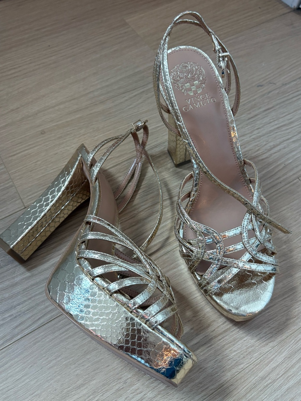 Gold Metallic Strappy Platform Heels - Picture 2 of 5